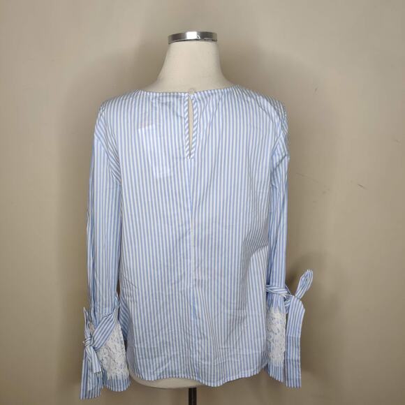 Worthington Blue Striped Top Flared Sleeve Lace Tie Cuff - Picture 7 of 9